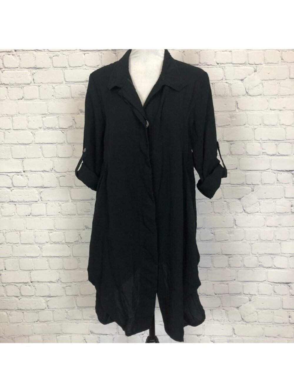 Fridaze Hidden Button Long Linen Jacket Size S Black Pockets Oversized
